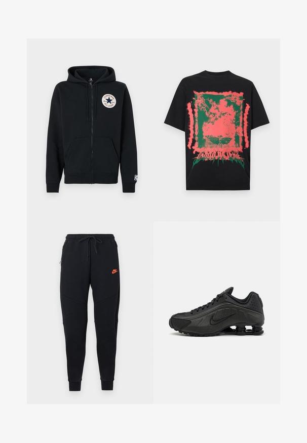Sweat à capuche noir zippé en coton. Comprend une poche à l'avant, des poignets côtelés et un patch logo circulaire sur le côté gauche de la poitrine. Texture douce.; T-shirt noir avec un motif abstrait carré éclaboussé vert et rose et texte déformé en bas au centre.; Pantalon de survêtement noir fuselé avec taille à cordon et logo Nike orange sur la cuisse supérieure, sur fond blanc.; Baskets de course noires avec une tige en synthétique lisse, des accents perforés, des panneaux latéraux texturés et une semelle distincte et rebondissante.