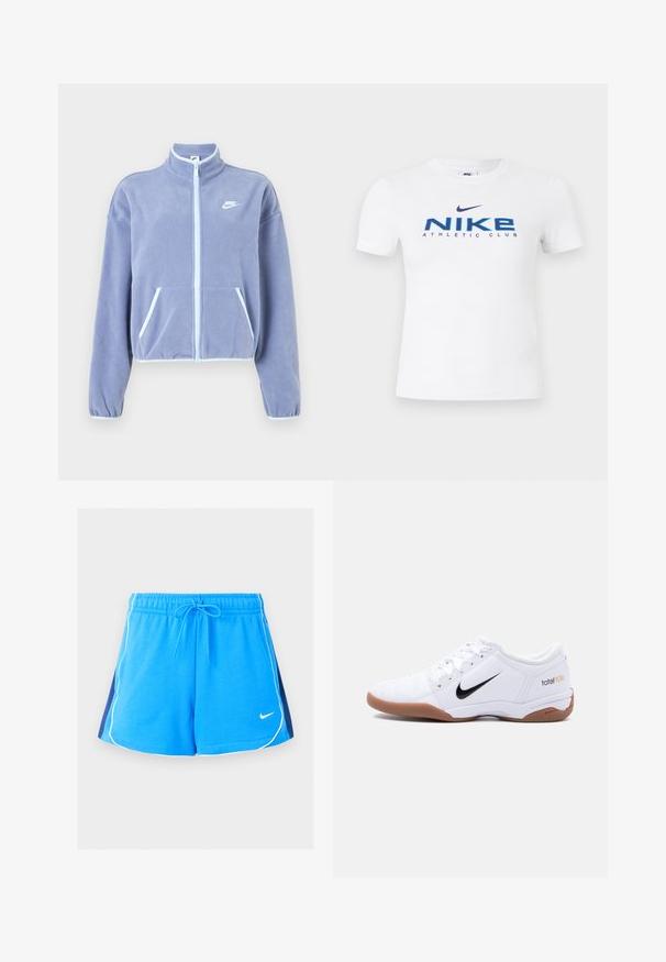 Lichtpaars fleece jack met een hoge kraag, rits aan de voorkant, twee zakken en witte accenten langs de rits en zoom. Nike-logo op de borst.; Witte Nike T-shirt met korte mouwen, met blauwe tekst "NIKE ATHLETIC CLUB" en een marineblauw Nike swoosh-logo in het midden aan de voorkant.; Blauwe sportshorts met witte biezen langs de randen, donkerblauwe zijpanelen, elastische tailleband, trekkoord en een klein wit Nike-logo aan de voorkant.; Witte Nike Total 90 III zaalvoetbalschoen met zwart swoosh-logo en gumzool, zijaanzicht op een effen achtergrond.