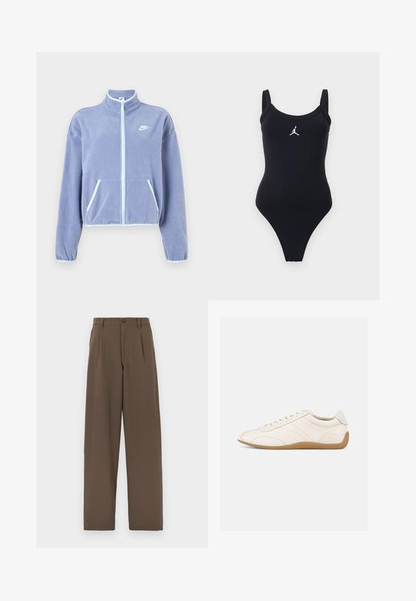 Lichtpaars fleece jack met een hoge kraag, rits aan de voorkant, twee zakken en witte accenten langs de rits en zoom. Nike-logo op de borst.; Zwart éénstuk badpak met brede schouderbanden en een wit Jumpman-logo gecentreerd op de borst tegen een effen achtergrond.; Bruine wijde broek van gladde stof, met dubbele plooien, een enkele knoopsluiting en standaard zakken.; Witte leren sneaker met een gladde textuur, ronde neus en tonale stiksels. Voorzien van een tankleurige rubberen zool en vetersluiting.