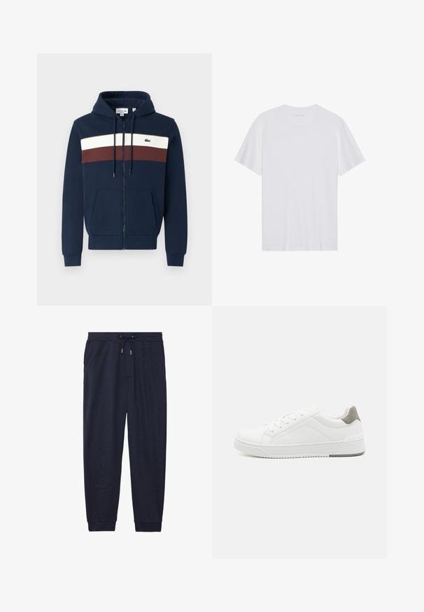 Námornícka zipsová mikina s bielymi a bordovými vodorovnými pruhmi, klokankovými vreckami, kapucňou so šnúrkou a logom Lacoste na hrudi.; Biela bavlnená tričko s krátkymi rukávmi, s okrúhlym výstrihom a hladkou textúrou. Obsahuje minimálne logo na výstrihu.; Námornícke modré teplákové nohavice vyrobené z mäkkej tkaniny, ktoré majú elastický pás s viazačkou, bočné vrecká a elastické manžety na členkoch.; Biele tenisky z hladkej koženej tkaniny, zaoblenou špičkou, minimalistickým dizajnom, sivým akcentom na päte a textúrovanou gumovou podrážkou.