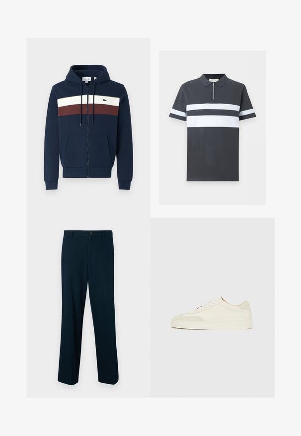 Sudadera con cremallera en color azul marino, con rayas horizontales en blanco y burdeos, bolsillos tipo canguro, capucha con cordón y logo de Lacoste en el pecho.; Polo gris oscuro de manga corta con cuello, cremallera frontal y dos rayas horizontales blancas en el pecho y las mangas.; Pantalones azul marino confeccionados en tela suave, con cierre de botón, diseño de pierna recta y detalles mínimos.; Zapatillas de ante blanco con acabado liso, puntera redonda, diseño plano con cordones y detalles texturizados contrastantes. Presentan un detalle de logo sutil.