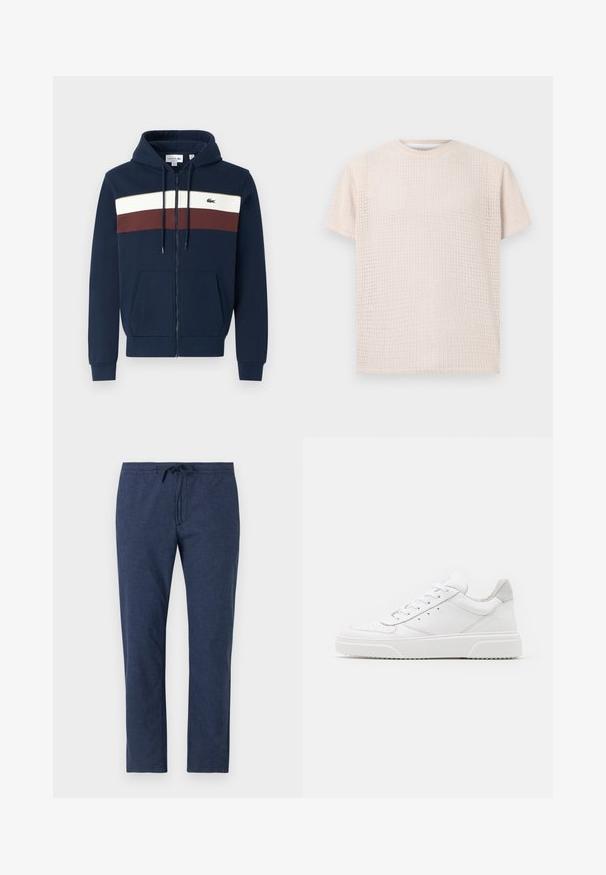 Námornícka zipsová mikina s bielymi a bordovými vodorovnými pruhmi, klokankovými vreckami, kapucňou so šnúrkou a logom Lacoste na hrudi.; Svetlo béžové tričko s krátkym rukávom, s textúrovaným vzorom a voľným strihom. Okruhlý výstrih a mäkká látka, vhodné na voľnočasové nosenie.; Námornícky modré nohavice vyrobené z ľahkej tkaniny, s elastickým pásom a nastaviteľným šnúrkovým uzáverom a rovnými nohavicami.; Biele kožené tenisky s hladkým povrchom, zaoblenou špičkou, plochými šnúrkami a textúrovanou podrážkou. Sivý semišový akcent na päte.