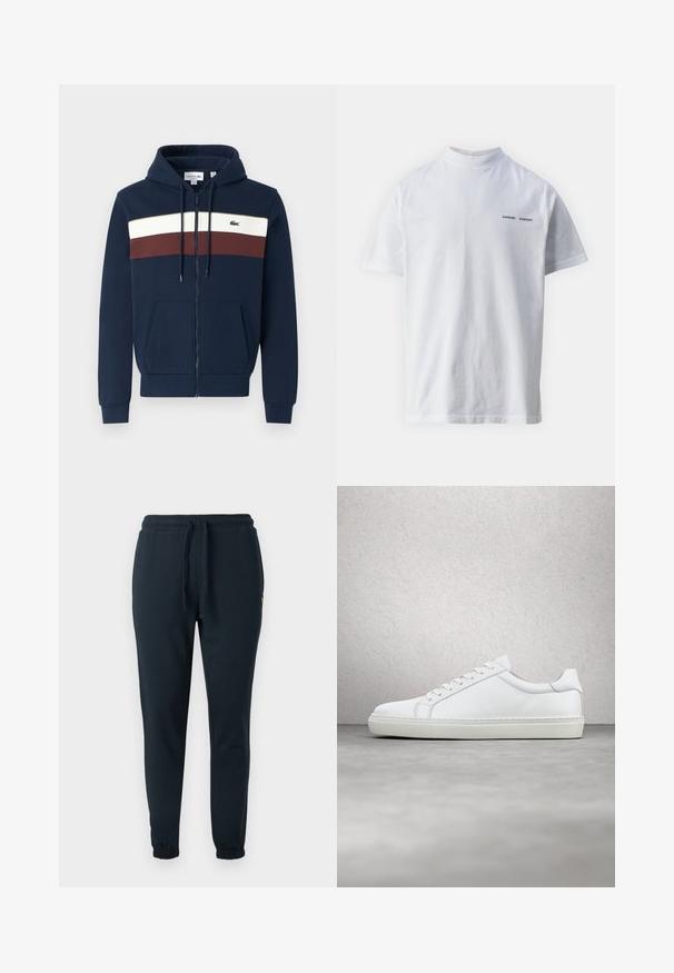 Námornícka zipsová mikina s bielymi a bordovými vodorovnými pruhmi, klokankovými vreckami, kapucňou so šnúrkou a logom Lacoste na hrudi.; Biely bavlnený tričko s vysokým výstrihom a krátkymi rukávmi. Na prednej strane sa nachádza logo "SAMSØE SAMSØE" v čiernej farbe. Hladká textúra.; Tmavomodré tepláky z bavlnenej zmesi, s elastickým pásom so šnúrkou a manžetami na členkoch. Malý žltý detail loga.; Biele tenisky s hladkým koženým zvrškom a nízkym profilom. Majú zaoblenú špičku, šesť očiek a štruktúrovanú gumovú podrážku.