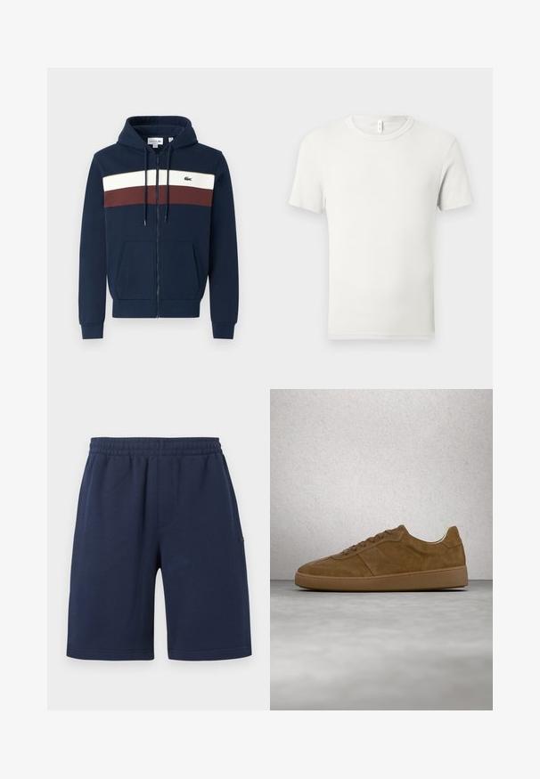 Tumesinine tõmblukkidega kapuutsiga dressipluus, valgete ja burgundia punaste horisontaalsete triipudega, ees suure kangaroo-taskuga, nööriga kapuuts ja Lacoste logo rinna peal.; Läbipaistmatu valge lühikeste varrukatega t-särk, millel on ümmargune kaelus ja mis on tasapinnal heleda halli tausta peal, kaeluses väike kangasetikett.; Tumesinised elastse vöökohaga sportlikud lühikesed püksid, küljetaskutega, põlvepikkused, ühevärvilise kujundusega, valgel taustal.; Pruun seemisnahast spordijalats, millel on helepruunid paelad ja kummist talla. Omaduseks ümar ninaosa ning ülaosas õmmeldud detailid. Kerge disain.