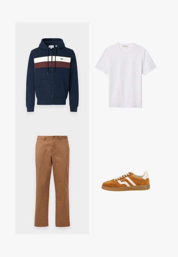 Navy Zip-Hoodie mit weißen und burgunderfarbenen horizontalen Streifen, Kängurutaschen, Kapuze mit Kordelzug und Lacoste-Logo auf der Brust.; Ein schlichtes weißes T-Shirt mit kurzen Ärmeln und Rundhalsausschnitt, mit einem kleinen, geprägten Logo auf der linken Brust und einem Markenlabel im Kragen.; Braune Baumwollhose mit geradem Bein, ausgestattet mit einem Knopfverschluss und Fronttaschen. Glatte Textur und sauberer Abschluss.; Brauner Wildleder-Sneaker mit weißen Lederakzenten, ausgestattet mit einem niedrigen Profil, runder Zehenpartie und kontrastierenden Streifen an der Seite. Schnürdesign.