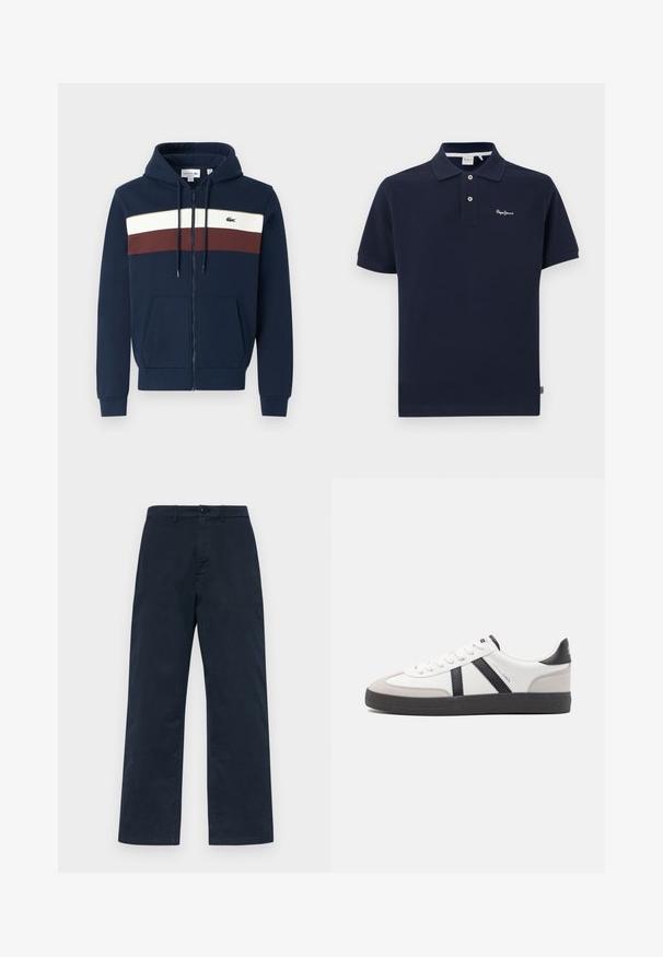 Sudadera con cremallera en color azul marino, con rayas horizontales en blanco y burdeos, bolsillos tipo canguro, capucha con cordón y logo de Lacoste en el pecho.; Polo de color navy hecho de algodón, con un cuello clásico, mangas cortas, tapeta de dos botones y un pequeño logo bordado en el pecho.; Pantalones de algodón azul marino con un diseño de pierna recta, que cuentan con un cierre frontal de botón y pasadores para cinturón. Textura sencilla y uniforme, sin patrones.; Zapatilla blanca con acentos en negro y gris, que presenta una puntera texturizada en gris, suela de goma negra y cordones planos blancos. Diseño limpio, estilo minimalista.
