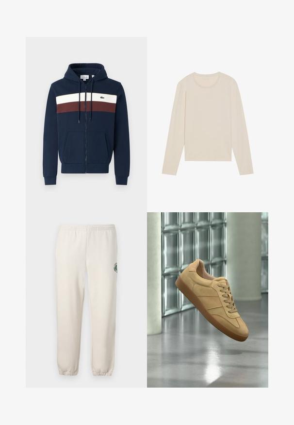 Námornícka zipsová mikina s bielymi a bordovými vodorovnými pruhmi, klokankovými vreckami, kapucňou so šnúrkou a logom Lacoste na hrudi.; Dlhý rukáv, svetlobéžová košeľa s okrúhlym výstrihom a jemnou textúrou, s jednoduchým a uvoľneným strihom.; Svetlo béžové tepláky z bavlny s elastickým pásom, rebrovanými manžetami a zeleným logom s dizajnom listu na ľavej nohe.; Béžová semišová tenisová obuv s gumovou podrážkou, šnurovacia, vznášajúca sa v interiéri na leštenej betónovej podlahe pri stene zo sklenených blokov.