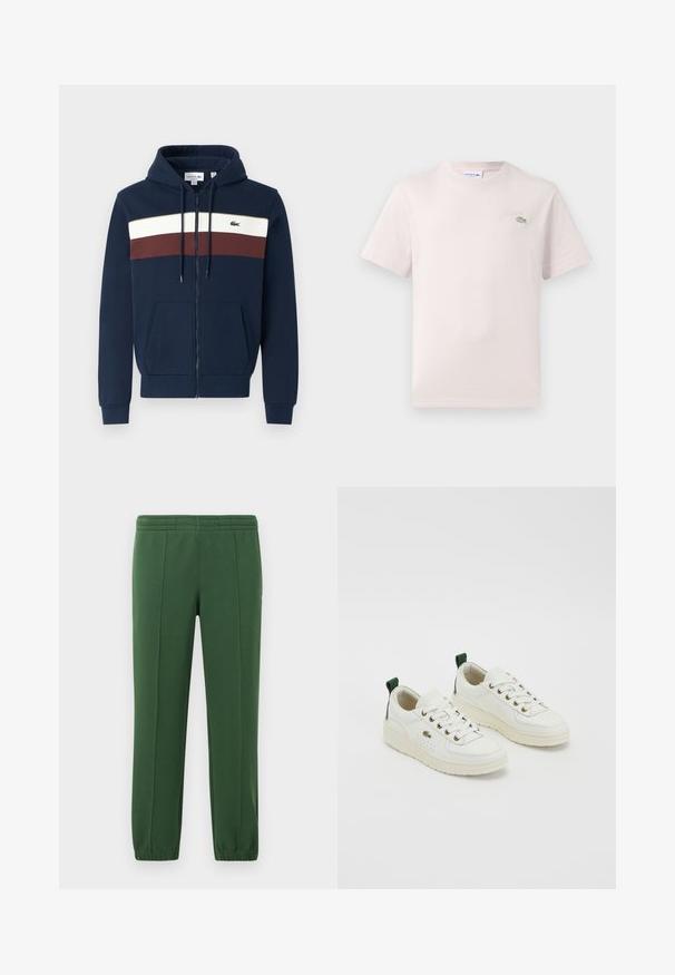 Navy Zip-Hoodie mit weißen und burgunderfarbenen horizontalen Streifen, Kängurutaschen, Kapuze mit Kordelzug und Lacoste-Logo auf der Brust.; Helles rosa Baumwoll-T-Shirt mit Rundhalsausschnitt, kurzen Ärmeln und einem grünen, gestickten Lacoste-Logo auf der Brust. Weicher Stoff.; Grüne Jogginghose aus weichem Material; mit Gummizugbund, schmal zulaufenden Beinen und einem kleinen Logo an der Seite.; Weiße Ledersneaker mit grünen Akzenten, Schnürdesign, goldenen Ösen und strukturierten Paneelen. Dicke cremefarbene Gummisohle.