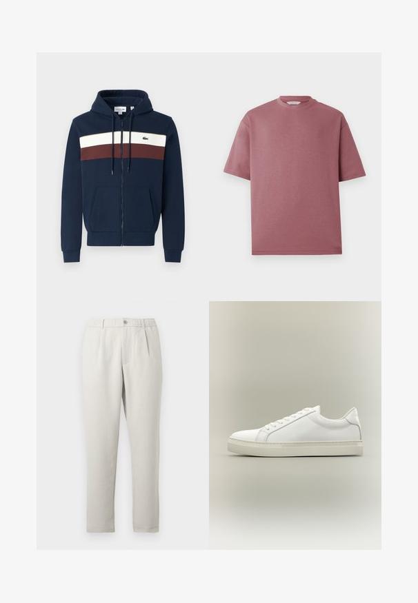 Navy Zip-Hoodie mit weißen und burgunderfarbenen horizontalen Streifen, Kängurutaschen, Kapuze mit Kordelzug und Lacoste-Logo auf der Brust.; Rosa T-Shirt mit kurzen Ärmeln aus Baumwolle, mit einem runden Ausschnitt und einer lockeren Passform. Die Textur wirkt glatt und weich, ohne Muster.; Hellbeige, lässige Hose mit leichtem Glanz, ausgestattet mit elastischem Bund, vorderen Taschen und einem schmal zulaufenden Bein.; Weißer Sneaker mit niedrigem Schaft, vorn mit Schnürung und dicker Sohle, aus der Seitenansicht vor neutralem Hintergrund.