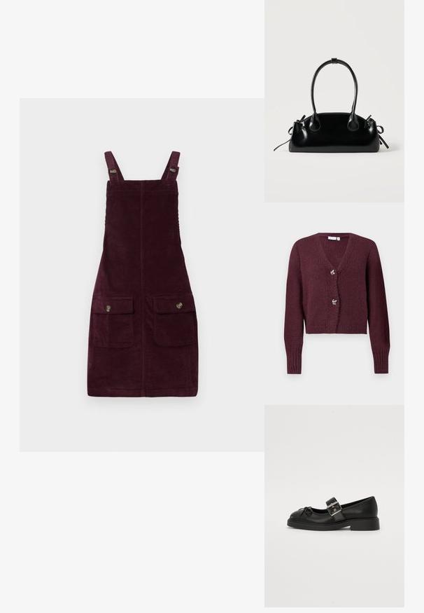 Gilet en tricot bordeaux avec un col en V, des manches longues et deux boutons décoratifs en forme de fleur à l'avant. Design court.; Robe en velours côtelé de couleur bourgogne profond, avec des bretelles ajustables, des poches avant avec quincaillerie en métal et une coupe ajustée. Tissu texturé.; Chaussure Mary Jane en cuir noir avec un bout arrondi, une sangle à la cheville et des détails en boucle argentée. Présente une semelle plate et épaisse ainsi qu'un accent en nœud.; Petit sac à main noir brillant avec deux longues anses et des détails à cordon sur les côtés sur un fond clair uni.