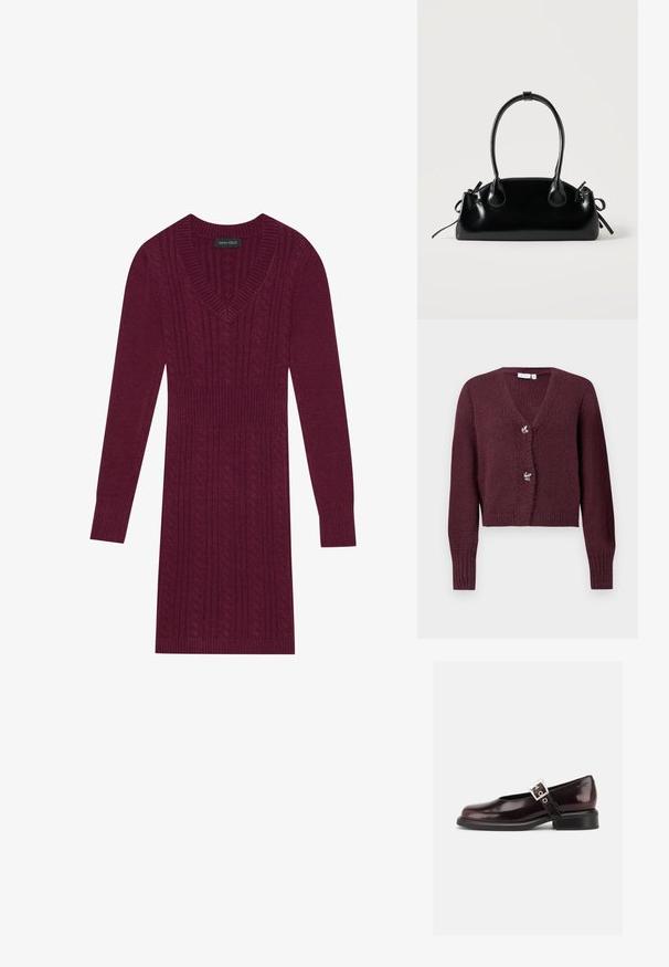 Bordeaux gebreide cardigan met een V-hals, lange mouwen en twee decoratieve bloemenknopen aan de voorkant. Kort ontwerp.; Bordeaux gebreide jurk met een V-hals, lange mouwen, geribde manchetten en een kabelpatroon over de hele jurk. Aansluitend ontwerp rond de taille.; Enkele glanzende donker bordeauxrode Mary Jane schoen met brede band en zilveren gesp, lage blokhak en afgeronde neus op witte achtergrond.; Kleine zwarte glanzende handtas met twee lange hengsels en zijkant trekkoord details op een effen lichte achtergrond.