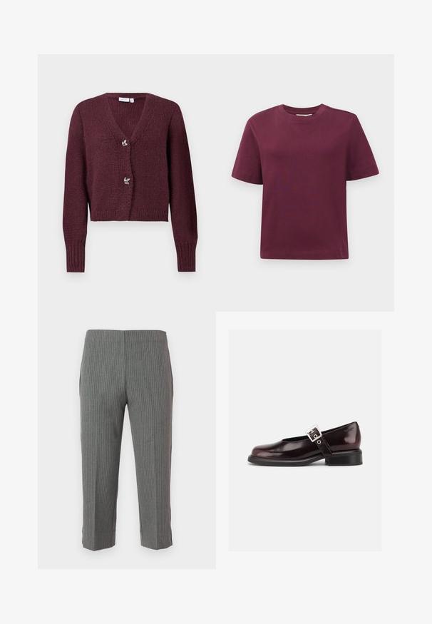 Cárdigan de punto burdeos con escote en V, mangas largas y dos botones decorativos en forma de flor en la parte delantera. Diseño corto.; Camiseta de manga corta y cuello redondo en rojo oscuro sólido, exhibida sobre un fondo blanco.; Pantalones a rayas grises con un diseño ajustado, que presentan una textura suave y un largo recortado. Sin cierres ni bolsillos visibles.; Zapato único Mary Jane brillante de color burdeos oscuro con correa ancha y hebilla plateada, tacón bloque bajo y punta redondeada sobre fondo blanco.