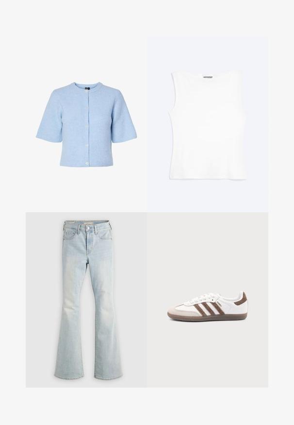 Lyseblå kortærmet cardigan lavet af ribbet materiale, med rund hals og fem knaplukninger foran.; Hvid tætsiddende ærmeløs tanktop med rund halsudskæring og minimalistisk design, mærket "WEEKDAY" indeni kraven.; Lyseblå højhalset denimjeans med knap- og lynlås, for- og baglommer samt let udvidede ben.; Hvid Adidas Samba sneaker med brune ruskindstriber, brun gummisål og beige ruskindståhætte, vist fra ydersiden på en ensfarvet baggrund.