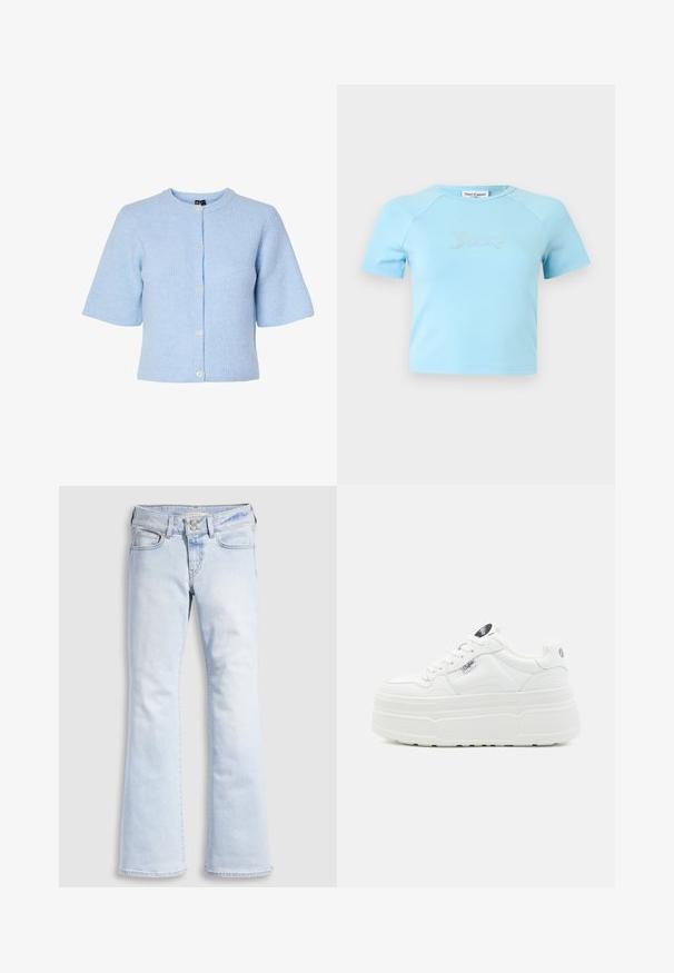 Hellblauer Kurzarm-Cardigan aus geripptem Material, mit rundem Ausschnitt und einer Knopfleiste mit fünf Knöpfen auf der Vorderseite.; Hellblaues Crop-Top mit kurzen Ärmeln und rundem Ausschnitt, mit „Juicy“ in Strasssteinen zentriert auf der Brust.; Hellblaue Denim-Jeans mit ausgestellten Beinen und hoher Taille, ausgestattet mit einem Knopfverschluss, fünf Taschen und dezentem Used-Look an den Hüften.; Weiße Plattform-Sneaker mit einer glatten synthetischen Oberfläche, rundem Zehenbereich, gepolstertem Kragen und strukturiertem Profil. Mit einem kontrastierenden Logo-Tag.