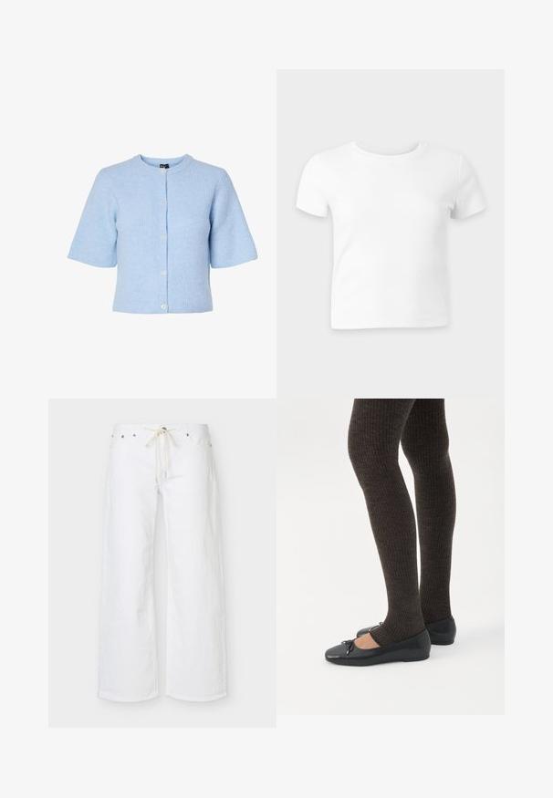 Hellblauer Kurzarm-Cardigan aus geripptem Material, mit rundem Ausschnitt und einer Knopfleiste mit fünf Knöpfen auf der Vorderseite.; Schlichtes weißes Kurzarm-T-Shirt mit Rundhalsausschnitt auf hellgrauem Hintergrund, flach ausgelegt und nach vorne zeigend.; Weiße Hose mit weitem Bein, Vordertaschen und beige Kordel zum Binden in der Taille, auf schlichtem Hintergrund dargestellt.; Beine in dunklen, gerippten Leggings kombiniert mit schwarzen Ballerinas mit kleinen Schleifendetails auf weißem Hintergrund.