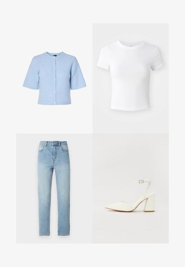 Lyseblå kortærmet cardigan lavet af ribbet materiale, med rund hals og fem knaplukninger foran.; Simpel hvid kortærmet cropped t-shirt med rund halsudskæring, præsenteret på en neutral lys baggrund.; Lyseblå denimjeans med lige ben, fem-lomme-design, metalknaplukning og diskrete slidningsdetaljer foran.; Hvide hælede sandaler med spids tå, justerbar ankelrem og en kraftig firkantet hæl. Glat tekstur med minimale syninger.