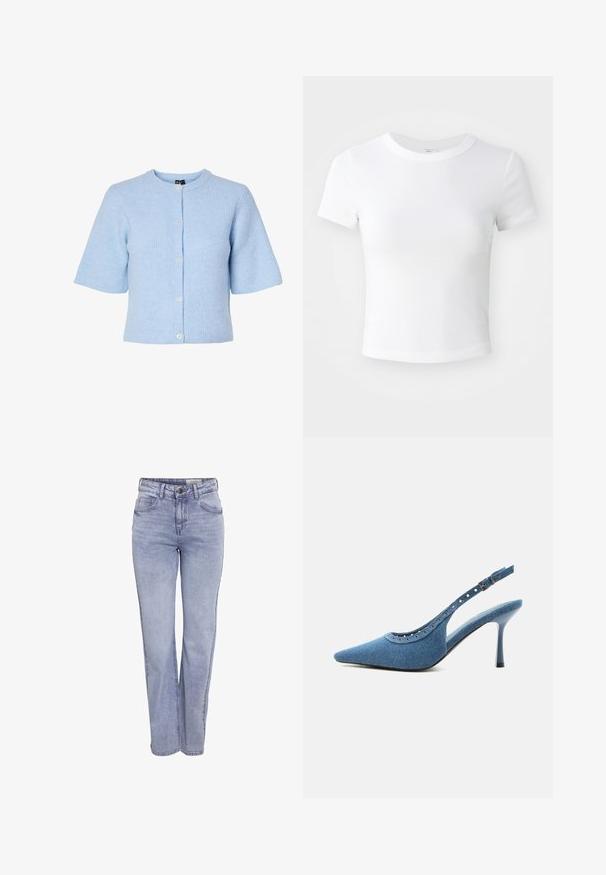 Cardigan à manches courtes bleu clair en matière côtelée, avec un col rond et une fermeture à cinq boutons à l'avant.; T-shirt courte à manches courtes, blanche, avec un col rond, présentée sur un fond neutre et lumineux.; Jean droit bleu clair en denim, doté d'une fermeture à bouton, de cinq poches et d'une décoloration subtile sur le devant et à l'arrière.; Chaussure à talon haut slingback en denim bleu à bout pointu avec détails œillets argentés et bride réglable à boucle.