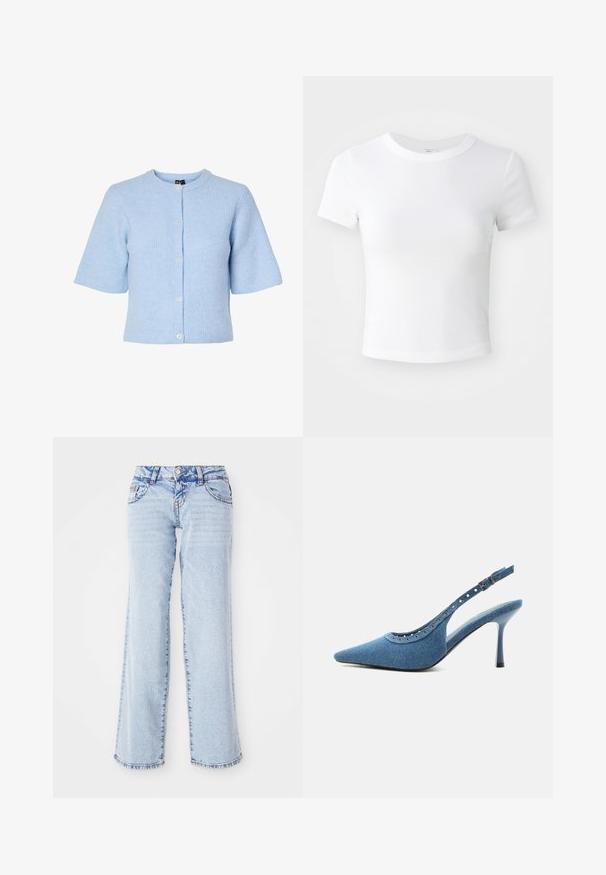Hellblauer Kurzarm-Cardigan aus geripptem Material, mit rundem Ausschnitt und einer Knopfleiste mit fünf Knöpfen auf der Vorderseite.; Weißes, kurzärmeliges, cropped T-Shirt mit Rundhalsausschnitt, auf einem neutralen, hellen Hintergrund präsentiert.; Helle blaue Denim-Jeans mit lockerer Passform, geraden Beinen und subtiler Ausbleichung. Verfügt über fünf Taschen und Gürtelschlaufen. Ausgefranster Saum. Coaches; Blauer Denim-Pumps mit spitz zulaufender Vorderkappe, silbernen Ösendetails und verstellbarem Schnallenriemen.