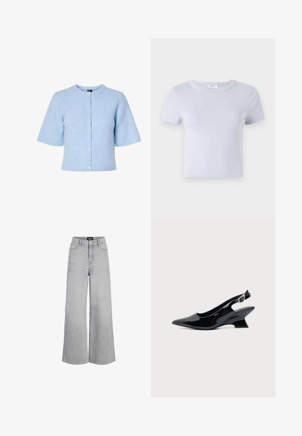 Lichtblauwe korte mouwen cardigan van ribstof, met een ronde hals en vijf knopen aan de voorkant.; Lichtblauw T-shirt met korte mouwen en ronde hals, gemaakt van zachte stof; heeft een slim fit ontwerp en subtiele stikdetails.; Lichtgrijze jeans met wijde pijpen, hoge taille, knoopsluiting aan de voorkant, ritssluiting, riemlussen en merkembleem op de tailleband.; Zwarte lakleren slingback schoen met spitse neus en lage schuine blokhak op een effen lichte achtergrond.