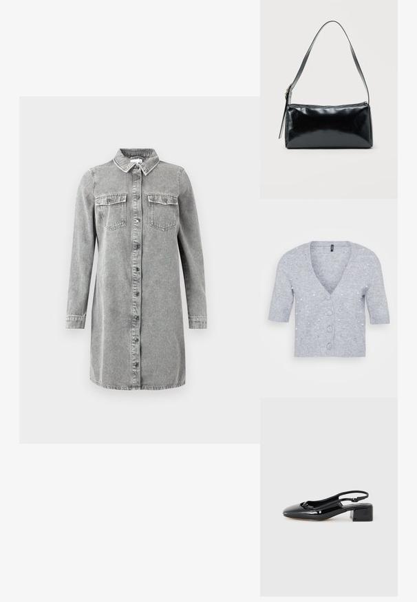 Lys grå cardigan med korte ærmer, V-udskæring, frontknapper og pyntet med perle- og rhinsten-detaljer. Blød strikstruktur.; Grå denim skjortekjole med krave, lange ærmer, knaplukning foran og to brystlommer. Har en afslappet, lige pasform.; Sort patenteret lædersandal med rund tå, lille firkantet hæl og dekorativ sløjfeaccent foran.; Sort rektangulær skuldertaske med en enkelt justerbar rem og lynlås i toppen på en ensfarvet baggrund.