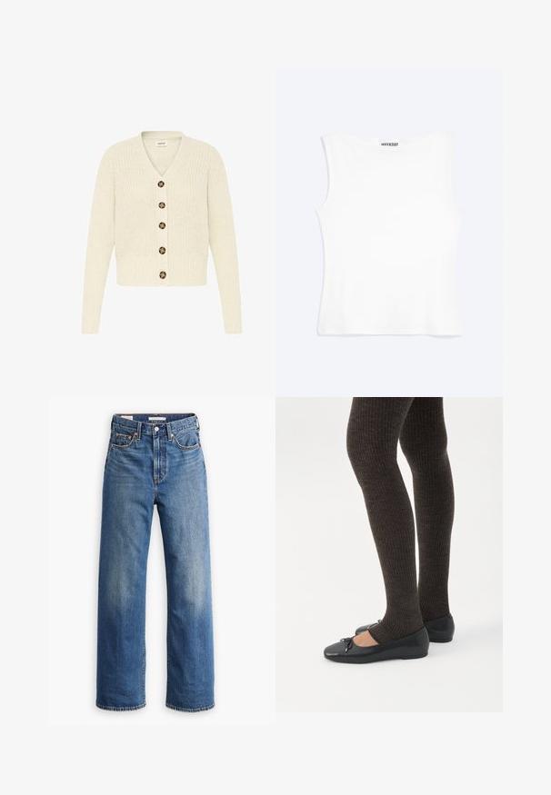 Cremefarvet strikket cardigan med v-udskæring og seks brune knapper fortil. Ribbet manchetter og talje, med et struktureret mønster.; Hvid tætsiddende ærmeløs tanktop med rund halsudskæring og minimalistisk design, mærket "WEEKDAY" indeni kraven.; Lyseblå denimjeans med høj talje, bred benstil, klassisk fem-lomme design og subtil falmning på stoffet.; Ben iført mørke ribbede leggings kombineret med sorte balletsko med små sløjfedetaljer på hvid baggrund.