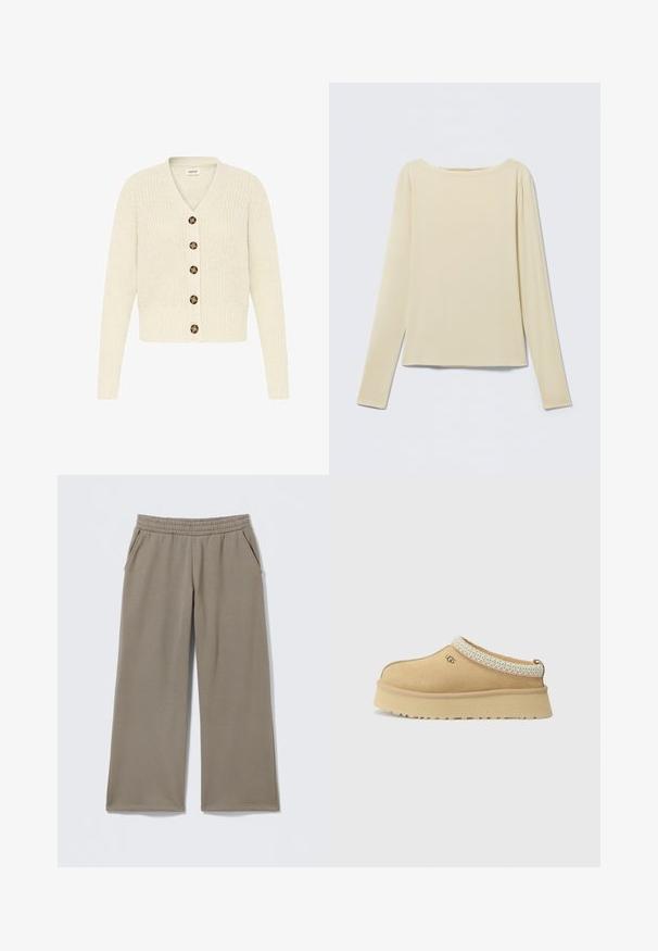Cremefarvet strikket cardigan med v-udskæring og seks brune knapper fortil. Ribbet manchetter og talje, med et struktureret mønster.; Beige langærmet tætsiddende top med bådudskæring, vist fladt på en lys baggrund.; Taupe vide benbukser med elastisk talje og sidelommer, liggende fladt på en lys baggrund.; Tan slip-on UGG sko med tyk sål og mønstret kant rundt åbningen, vist fra siden på en ensfarvet baggrund.