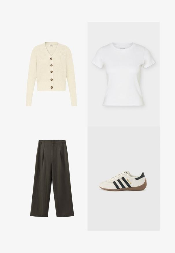 Cremefarvet strikket cardigan med v-udskæring og seks brune knapper fortil. Ribbet manchetter og talje, med et struktureret mønster.; Hvid kortærmet tætsiddende T-shirt med rund hals, vist fladt med let synlige sidesømme.; Vide bukser i mørk olivengrøn med bæltestropper, forreste læg og skjult forlukning foran.; Hvid Adidas-sneaker med sorte striber, brun tekstureret sål og "SPEZIAL" i guldbogstaver på siden, set fra ydersiden.