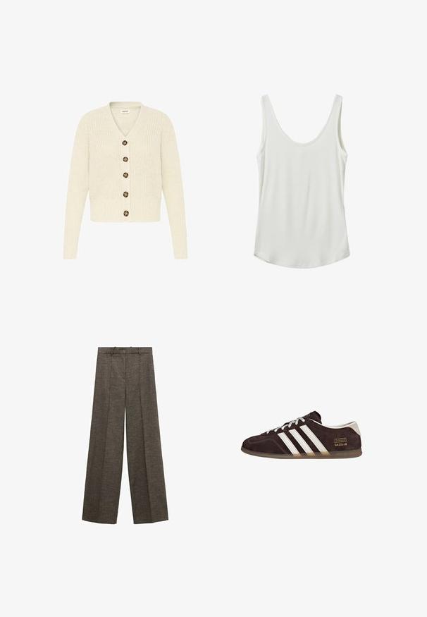 Cremefarvet strikket cardigan med v-udskæring og seks brune knapper fortil. Ribbet manchetter og talje, med et struktureret mønster.; Hvid ribbet tanktop med scoop-udskæring og tynde stropper. Lavet af blødt stof med en glat tekstur. Rundet søm nederst.; Brune vidde bukser med for-rynker, bæltestropper og et struktureret stof.; Brune ruskindssneakers med tre hvide striber, gummisål og tekstlabel med ordene "Gazelle" i guld. Snørebåndsdesign med grå snørebånd.