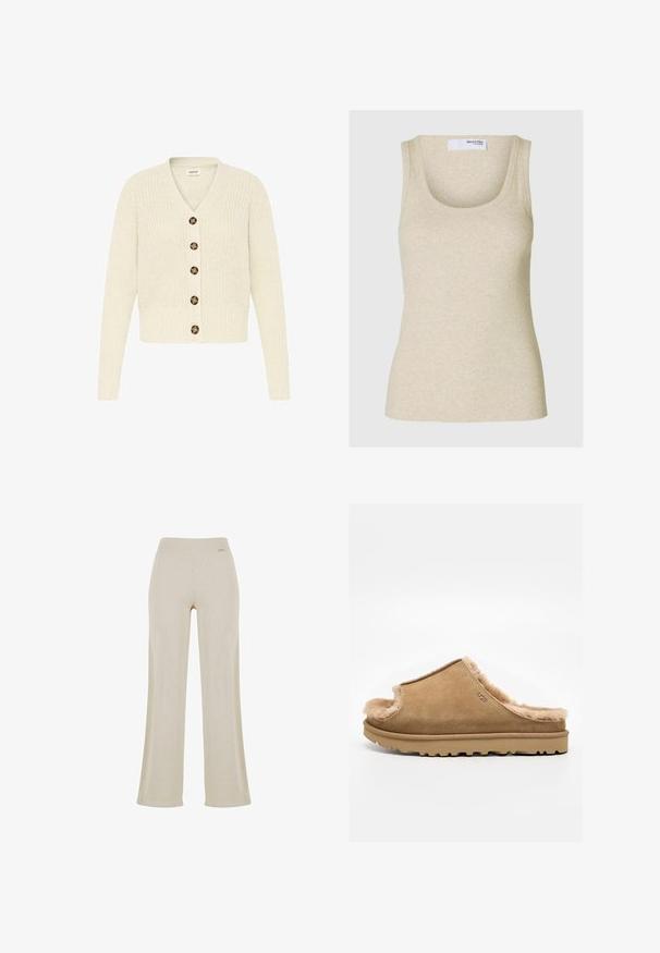 Kreemi värvi kootud kardigan, millel on V-kaelus ja kuus pruuni nööpi ees. Ribbkudumisega mansetid ja vöökoht, esitleb tekstuurilist mustrit.; Beige ribbed tank-top, millelõikega kaelus ja laiad õlapaelad. Valmistatud pehmest kangast, omab vormitud siluetti.; Beige laiad jalad, millel on sile ribikoe tekstuur, elastse vöökoha ja ilma nähtavate kaunistusteta, pakkudes lõdva siluetti.; Beežist seemisnahast libistatav suss, pehme fliisvoodriga ja kummist tallaga, küljes UGG logo valgel taustal.