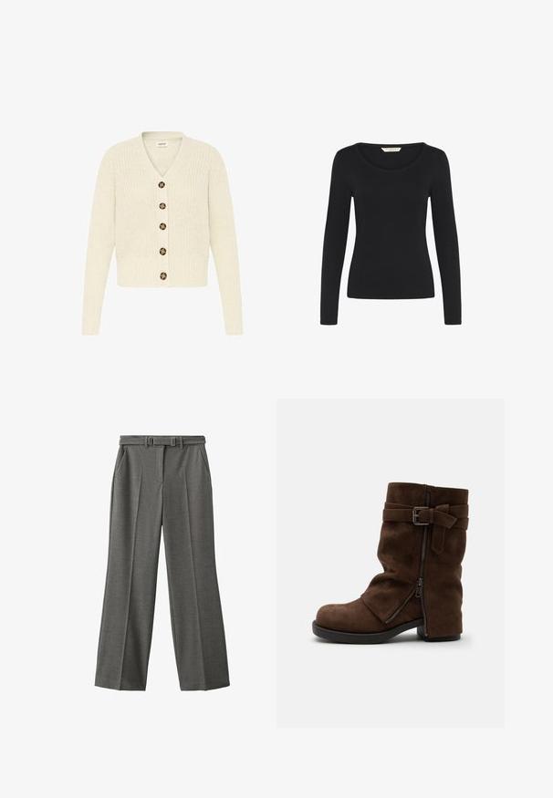 Cremefarvet strikket cardigan med v-udskæring og seks brune knapper fortil. Ribbet manchetter og talje, med et struktureret mønster.; Sort langærmet top lavet af blødt stof. Har en rund halsudskæring og fitted design, med en glat tekstur og uden synlige mønstre.; Grå, brede bukser lavet af tekstureret stof. Har et bælte med en rektangulær spænde og to sidelommer. Skræddersyet pasform.; Brun ruskind mid-kalv støvle med sidelås, lav blokhæl og dekorativ rem med metalspænde på hvid baggrund.