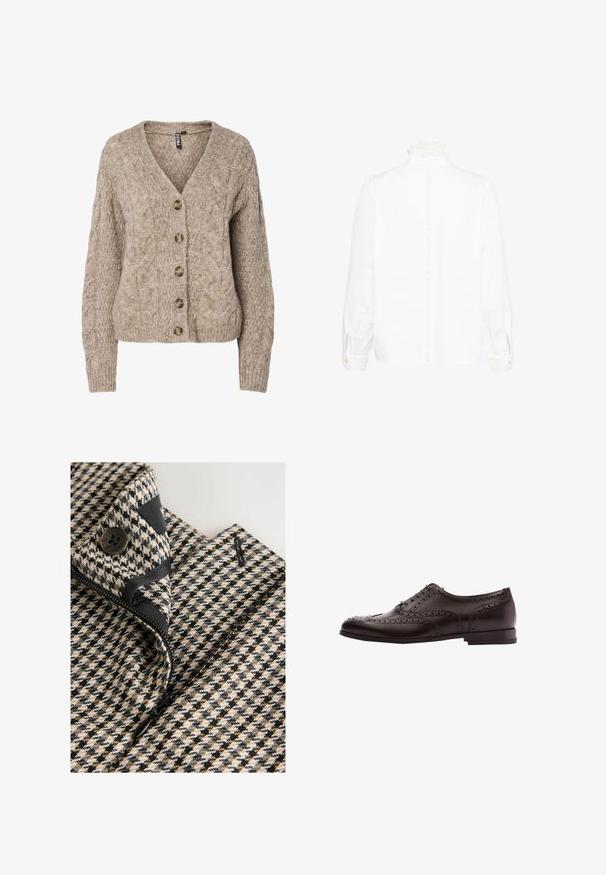 Beige kabelstrikket cardigan med v-hals, knappet front og ribbekanter. Har seks brune knapper og tekstureret stof.; Hvid bluse med lange ærmer og spidse blondekrave samt manchetter, som har en vertikal blondebeskæring ned over midten af ryggen.; Close-up af et beige, sort og hvid hundetandsmønstret beklædningsstykke med en sort knap og delvist åben sort lynlås.; Brune læder dress sko med brogue-detaljer, snørebånds lukning, rund tå og en lav stablet hæl. Poleret finish og indviklede perforeringer.