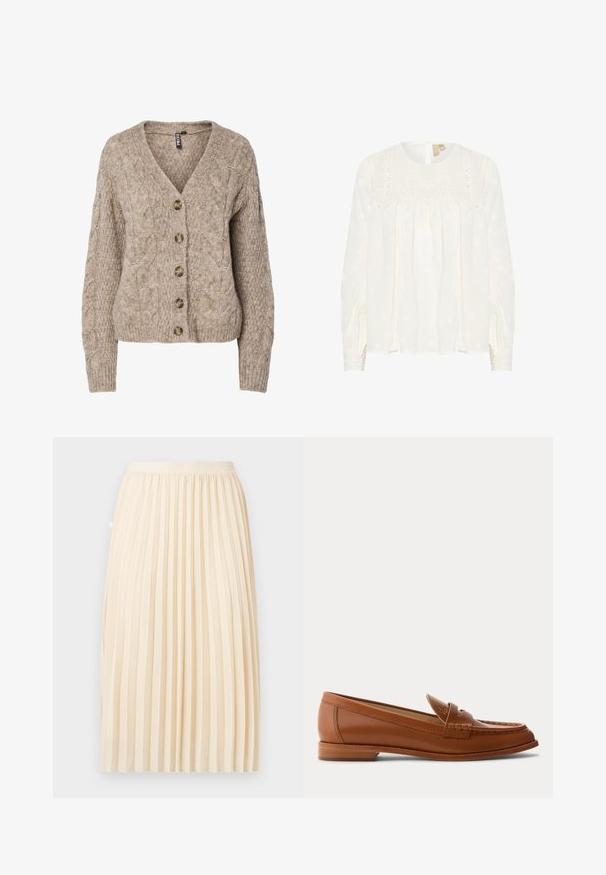 Beige kabelstrikket cardigan med v-hals, knappet front og ribbekanter. Har seks brune knapper og tekstureret stof.; Hvid langærmet bluse med rund hals, tekstureret stof, broderede detaljer og blonder på ærmerne. Nøglehulåbning bagpå.; Kremfarvet plisseret midi-nederdel med en tætsiddende talje, hængende lige ned foran en ensfarvet baggrund.; Brun læderloafer med lavt træsål, klassisk penny-rem og syet detalje langs tå og sider.