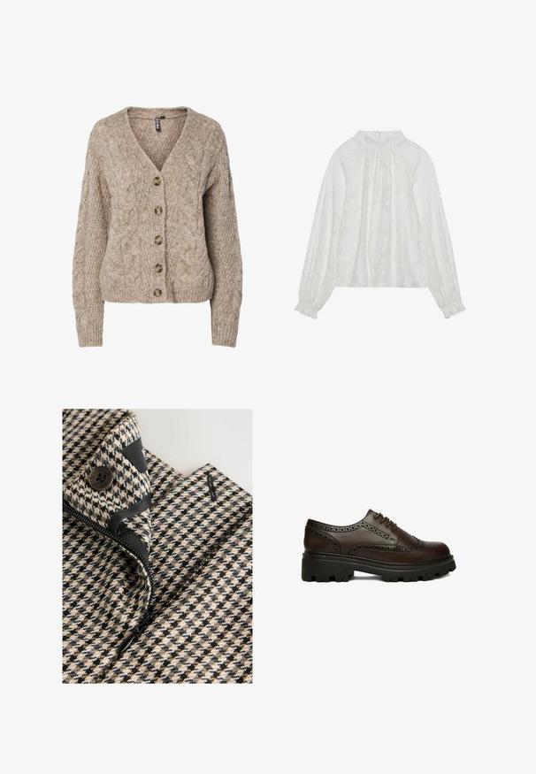 Beige kabelstrikket cardigan med v-hals, knappet front og ribbekanter. Har seks brune knapper og tekstureret stof.; Hvid langærmet bluse med et tekstureret blomstermønster, elastisk halsudskæring og elastiske manchetter. Blød, letvægts stof.; Close-up af et beige, sort og hvid hundetandsmønstret beklædningsstykke med en sort knap og delvist åben sort lynlås.; Mørkebrun læder brogue sko med perforerede detaljer og tyk sort rillesål, set fra siden på hvid baggrund.