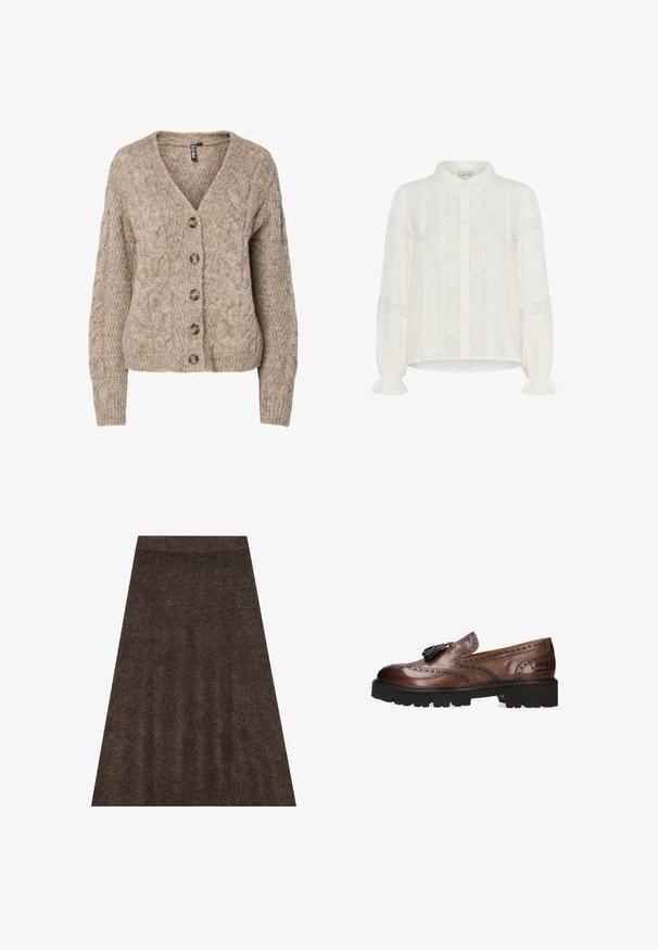 Beige kabelstrikket cardigan med v-hals, knappet front og ribbekanter. Har seks brune knapper og tekstureret stof.; Kremfarvet bluse med lange ærmer, blondepaneler, knappelukning foran, spids krave og flæsekantede manchetter.; Brun strikket nederdel med en flared design, elastisk talje og subtil tekstur hele vejen igennem. Stoffet ser blødt og varmt ud.; Brune læder loafers med brogue-detaljer, frynseaccent og en tekstureret sort gummisål for bedre greb. Klassisk design med en rig finish.