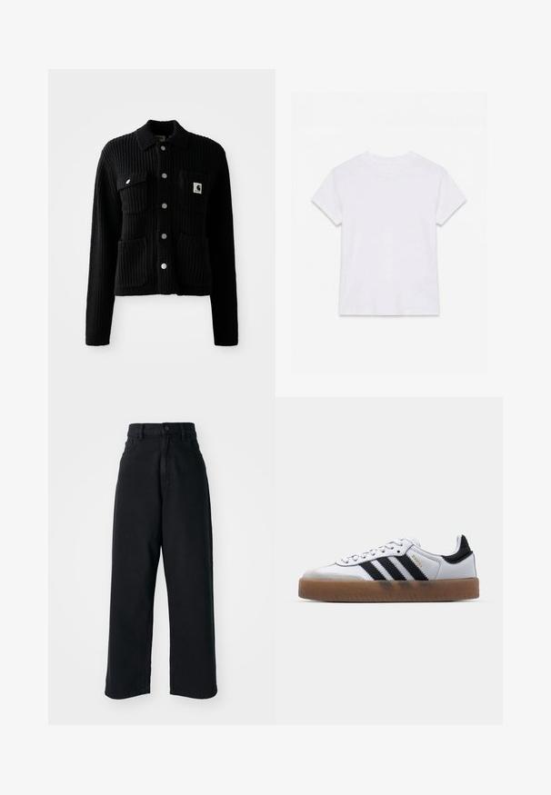 Cardigan noir à côtes avec col, poches avant plaquées et boutons en métal argenté. Présente un patch logo sur la poche poitrine. Texture douce.; T-shirt en coton blanc uni à manches courtes et col rond, étalé à plat sur un fond blanc.; Jean noir taille haute à jambes larges avec poches avant et fermeture à bouton, présenté sur un fond blanc uni.; Baskets en cuir blanc avec des rayures noires, semelle extérieure en caoutchouc beige, bout rond, fermeture lacée et embout en suède gris doux.