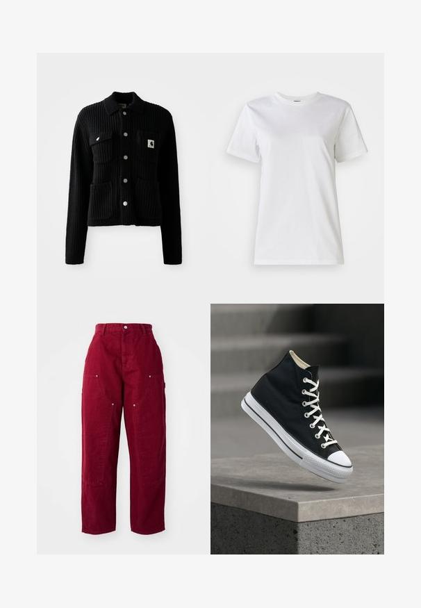 Sort, ribbet cardigan med krave, frontlomme og sølvknapper. Har et logo-patch på brystlommen. Blød tekstur.; Hvid bomulds t-shirt med rund hals og korte ærmer. Stoffet er glat med en blød tekstur og uden synlige mønstre eller detaljer.; Bordeaux brede buks lavet af bomuld, med to store sidelommer, en knaplukning og en afslappet pasform med synlige syninger.; Sort højt sneakers med hvide snørebånd og gummisål balancerer på kanten af en grå betonplatform.