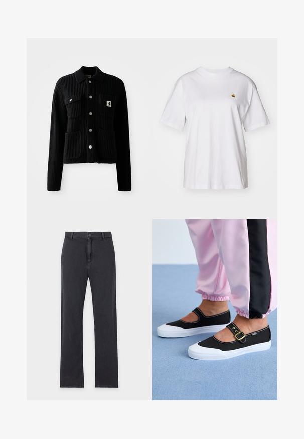 Cardigan noir à côtes avec col, poches avant plaquées et boutons en métal argenté. Présente un patch logo sur la poche poitrine. Texture douce.; T-shirt en coton blanc avec une coupe décontractée, des manches courtes et un petit logo brodé sur la poitrine gauche.; Jean noir à jambes droites avec fermeture par bouton et zip à l'avant, passants de ceinture et design classique à cinq poches, posé à plat sur fond blanc.; Baskets noires en toile avec une semelle blanche, présentant un design découpé et une sangle en boucle dorée. Portées avec un pantalon de survêtement rose.