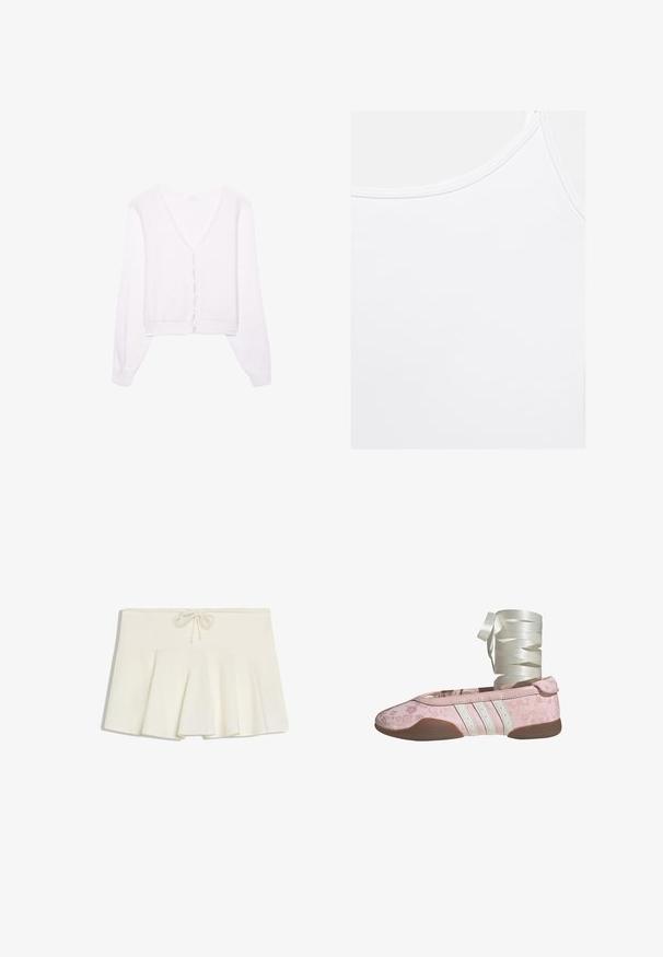 Pull court blanc avec col en V, manches longues et fermeture à boutons ; texture douce avec un subtil motif de tricot.; Débardeur blanc uni avec encolure arrondie et coutures visibles le long des bords.; Mini-jupe plissée blanche avec une taille à cordon et un tissu doux et structuré, posée à plat sur un fond blanc.; Ballerine rose avec texture florale, accents en cuir blanc et trois rayures blanches. Dotée d'une semelle souple et d'un ruban pour le laçage.