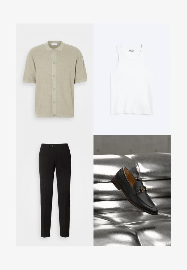 Pull à col polo à manches courtes en tricot côtelé vert clair. Doté d'une fermeture à boutons et d'un tissu texturé avec un design épuré et décontracté.; Débardeur blanc sans manches avec col rond et étiquette de la marque Weekday à l'intérieur du col arrière, présenté à plat sur un fond clair.; Pantalons droits noirs en tissu lisse, dotés d'une fermeture à bouton et de poches latérales avec un design classique.; Mocassin en cuir noir avec détail de boucle dorée flottant au-dessus d'une surface capitonnée argentée métallique brillante.
