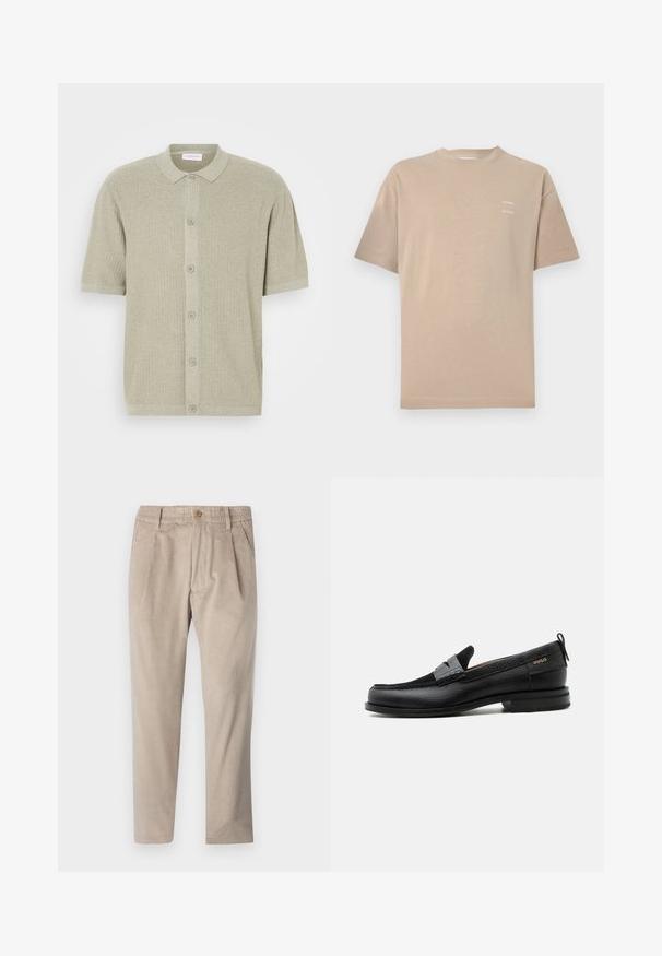 Pull à col polo à manches courtes en tricot côtelé vert clair. Doté d'une fermeture à boutons et d'un tissu texturé avec un design épuré et décontracté.; T-shirt en coton beige avec col rond, manches courtes et un logo imprimé discret sur le haut gauche de la poitrine. Texture lisse, design minimaliste.; Pantalons en velours côtelé beige avec une taille élastique, fermeture à bouton et détails de plis, présentant un design à jambe droite et un tissu texturé.; Mocassin en cuir noir avec détail de bride grise, talon bas et semelle texturée, marqué "HUGO" en or sur le côté.