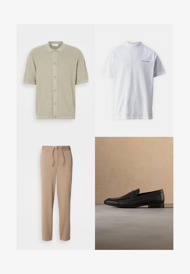 Pull à col polo à manches courtes en tricot côtelé vert clair. Doté d'une fermeture à boutons et d'un tissu texturé avec un design épuré et décontracté.; T-shirt en coton blanc avec un col haut et des manches courtes. Présente le logo "SAMSØE SAMSØE" en noir sur le devant. Texture lisse.; Pantalons de survêtement beige en coton doux, avec une taille élastique, un cordon de serrage, une coupe slim et des jambes droites sans motifs.; Mocassin en cuir noir flottant au-dessus d'un tapis beige avec un canapé beige dans un intérieur minimaliste.