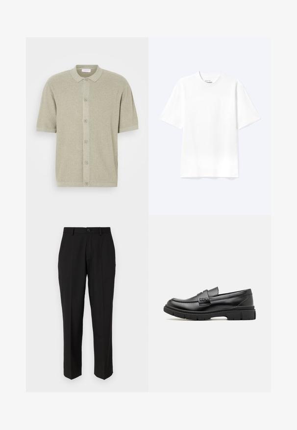 Pull à col polo à manches courtes en tricot côtelé vert clair. Doté d'une fermeture à boutons et d'un tissu texturé avec un design épuré et décontracté.; T-shirt blanc uni à manches courtes et col rond avec une coupe décontractée, présenté sur un fond clair.; Pantalon noir en tissu lisse, présentant une coupe droite, des poches avant, un bouton simple de fermeture et sans motifs visibles.; Mocassin en cuir noir avec une large sangle sur le devant, semelle en caoutchouc à épaisse rainure, et texture lisse. Design classique et élégant.
