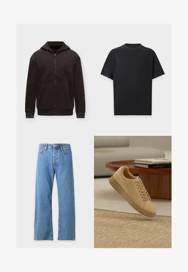 Sweat à capuche noir zippé avec poches avant, capuche et logo GAP brodé en relief sur la poitrine, présenté sur un fond clair uni.; T-shirt noir à manches courtes à col rond présenté sur un fond gris clair uni, vue de face.; Jean en denim bleu avec une taille haute, une fermeture par boutons, des passants de ceinture et des jambes droites larges sur fond blanc.; Baskets beiges à lacets flottant au-dessus d'un tapis texturé avec une table basse en bois et des livres empilés en arrière-plan flou.