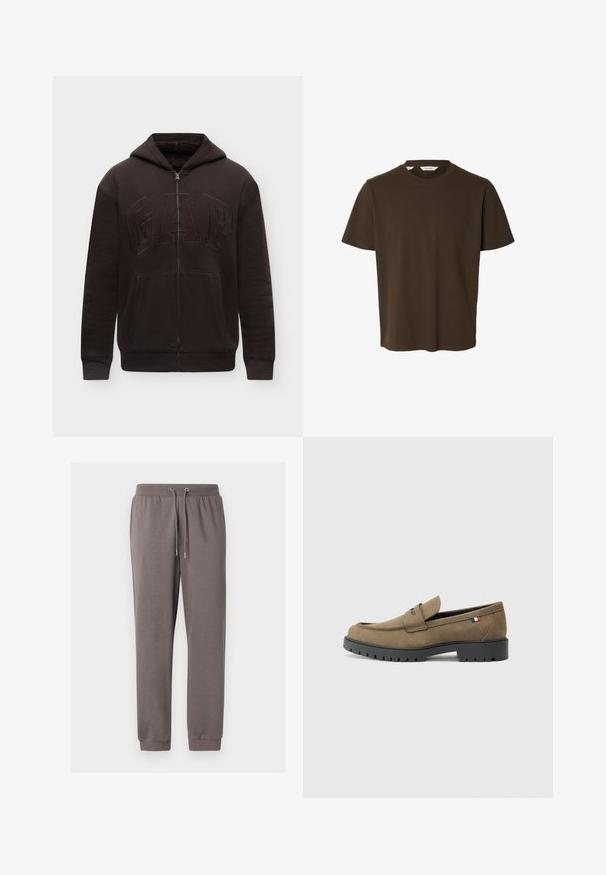 Sweat à capuche noir zippé avec poches avant, capuche et logo GAP brodé en relief sur la poitrine, présenté sur un fond clair uni.; T-shirt uni marron foncé à manches courtes et col rond, présenté sur fond blanc, avec l’étiquette "Selected" visible à l’intérieur du col.; Pantalon de survêtement en coton gris avec une taille élastique, un cordon de serrage, des poches latérales et des poignets côtelés aux chevilles. Texture lisse et coupe décontractée.; Mocassins en daim marron avec un bout arrondi, semelle en caoutchouc noir et couture décorative. Présente un petit accent de drapeau rouge, blanc et bleu.