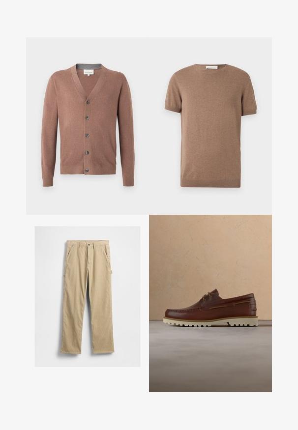 Brun V-hals cardigan med lange ærmer og fem mørke knapper foran, præsenteret på en hvid baggrund.; Brun kortærmet strikket sweater med ribkant i ærmer og bund samt rund halsudskæring, vist på hvid baggrund.; Beige kordfløjlsbukser med lige ben, forlommer og knaplukning. Har en sidelomme og tekstureret stof.; Brun læder casual snørestøvle med cremefarvet gummisål, der hænger over beige tæppe nær et træ-sofabord med bøger.