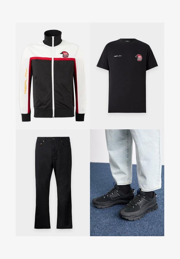Veste zippée noire et blanche avec des accents rouges. Elle possède un col montant, des panneaux latéraux et un patch "Replay Helmet" sur la poitrine.; Replay SHORT SLEEVE GRAPHIC - T-shirt imprimé - black; Pantalons en denim noir à coupe droite, avec poches avant, fermeture à bouton et accents en métal doré. Texture lisse.; Des chaussures de sport noires avec un tissu texturé et des semelles en caoutchouc, dotées de lacets élastiques et d'un accent bleu au talon. Portées avec un pantalon en denim clair.