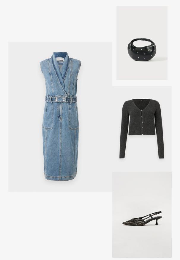 Dunkelgraue gerippte Strickjacke mit langen Ärmeln, V-Ausschnitt und sechs dekorativen Perlenknöpfen auf der Vorderseite. Kürzere Länge.; Jeanskleid mit tiefem V-Ausschnitt, ärmellosem Design, tailliertem Gürtel, zwei Vordertaschen und kontrastierenden Nähten. Hellblaue Farbe.; Schwarzer Slingback-Schuh mit spitzer Zehenform, strukturierten Oberflächen und kleinem Blockabsatz. Verfügt über dekorative Details entlang des Oberteils.; Schwarze Lederhandtasche mit abgerundeter Form, verziert mit silbernen Nietenakzenten und kurzem Griff. Glatte Struktur und Reißverschlussverschluss.