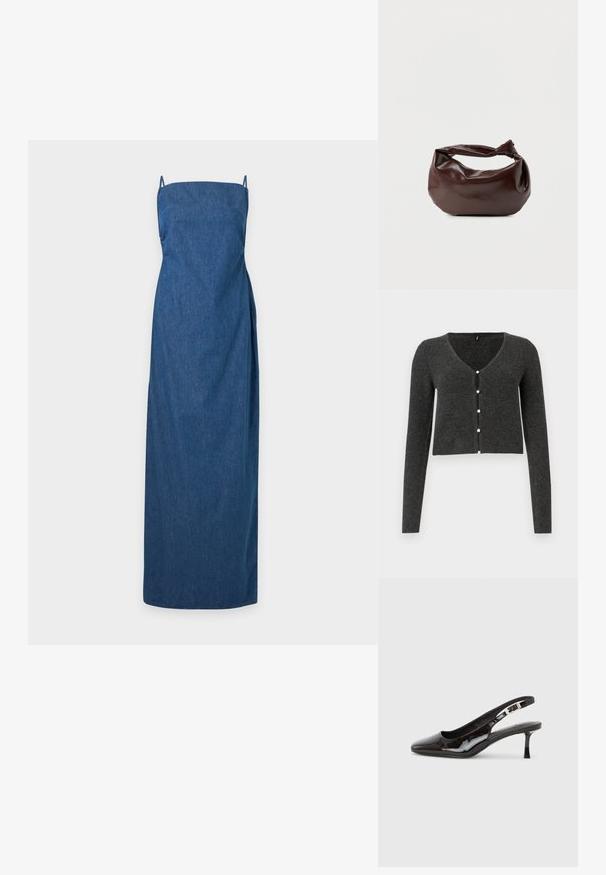 Mørkegrå ribbet cardigan med lange ærmer, V-udskæring og seks dekorative perleknapper foran. Croppet længde.; Ærmeløs lang denimkjole med tynde skulderstropper og en lige halsudskæring, vist på en ensformig lys baggrund.; Sort slingback-sko i laklæder med spids tå, sølvspænde og mellemhøj kitten-hæl på en ensartet lys baggrund.; Mørkebrun læder skuldertaske med en blød, afslappet form og et snoet knudehåndtag på en ensartet hvid baggrund.