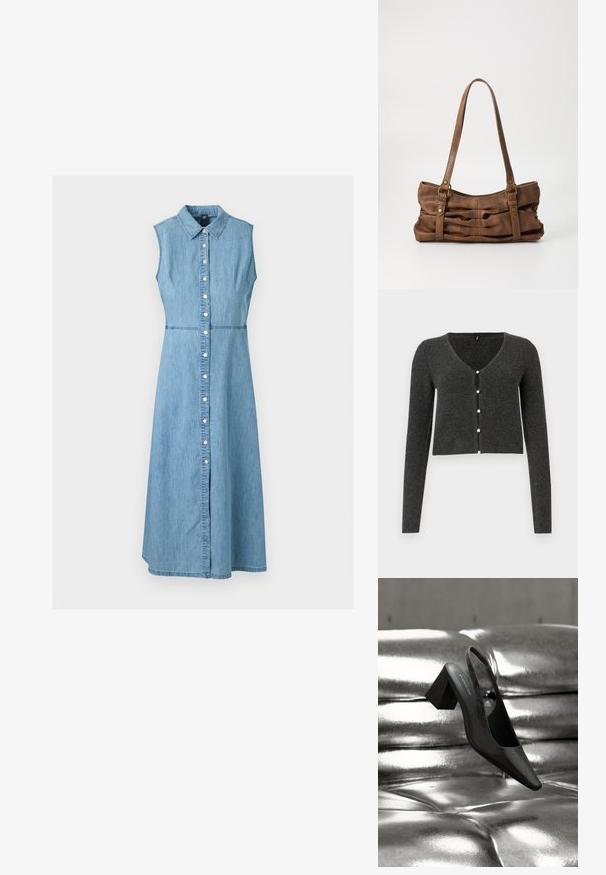 Mørkegrå ribbet cardigan med lange ærmer, V-udskæring og seks dekorative perleknapper foran. Croppet længde.; Ærmeløs lyseblå denim midi-kjole med krave og knaplukning foran, figursyet talje og A-line nederdel.; Sort slingback-hæl med spids tå, der har en tekstureret overflade og en chunky blokhæl. Lagt mod en skinnende, metallisk baggrund.; Even&Odd Håndtasker - brown