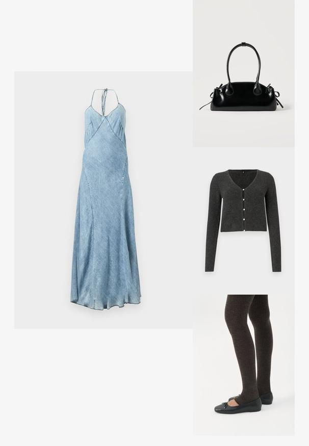 Mørkegrå ribbet cardigan med lange ærmer, V-udskæring og seks dekorative perleknapper foran. Croppet længde.; Denimkjole i lys blå nuance med spaghetti-stropper, A-line snit og subtile plisseringer langs bodice. Lang, flydende silhuet.; Ben iført mørke ribbede leggings kombineret med sorte balletsko med små sløjfedetaljer på hvid baggrund.; Lille sort blank håndtaske med to lange håndtag og snøre-detaljer i siden på en ensfarvet lys baggrund.